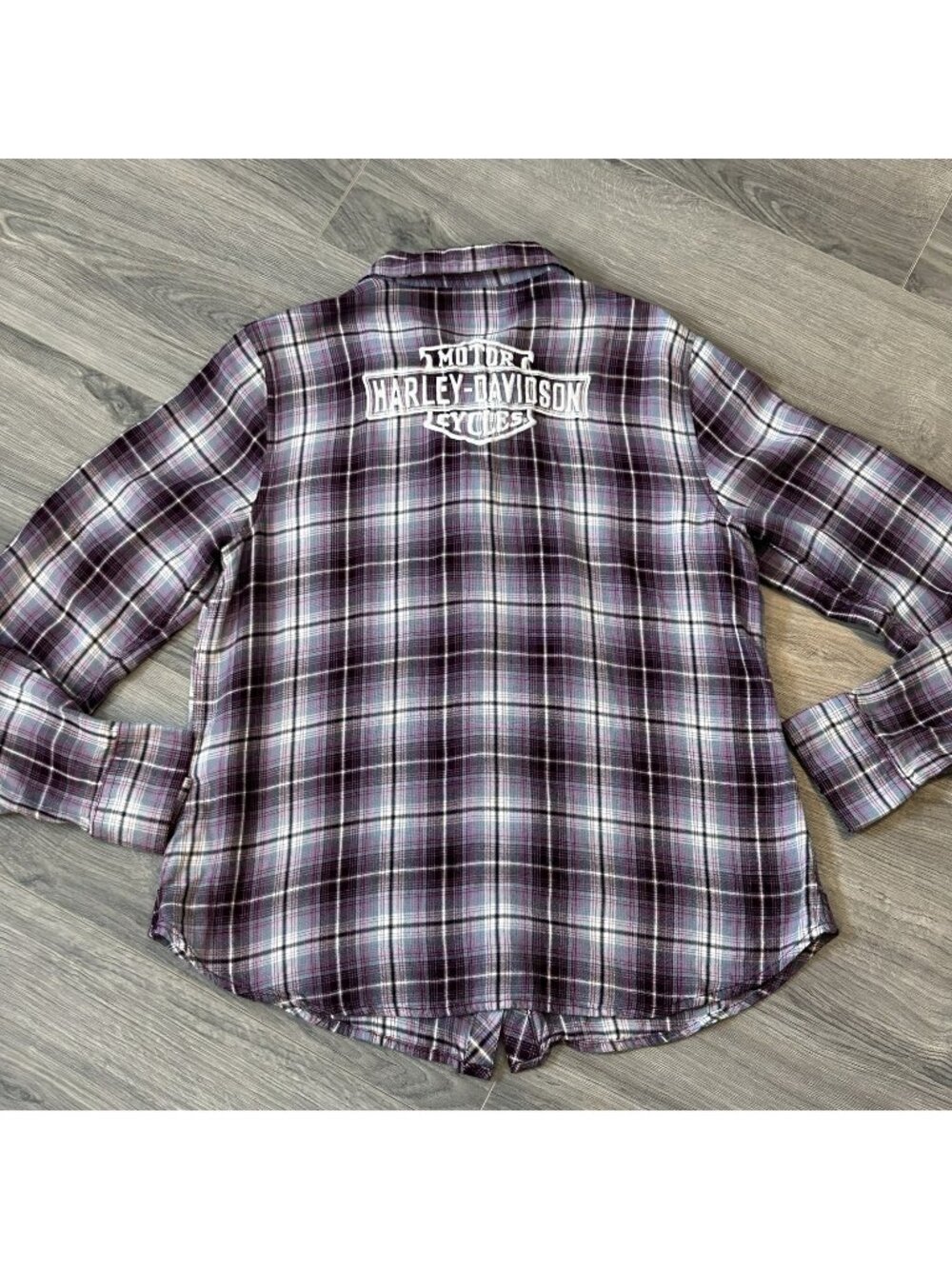 Harley-Davidson Shirt Womens L Purple Plaid Button Front Embroidered Moto Biker